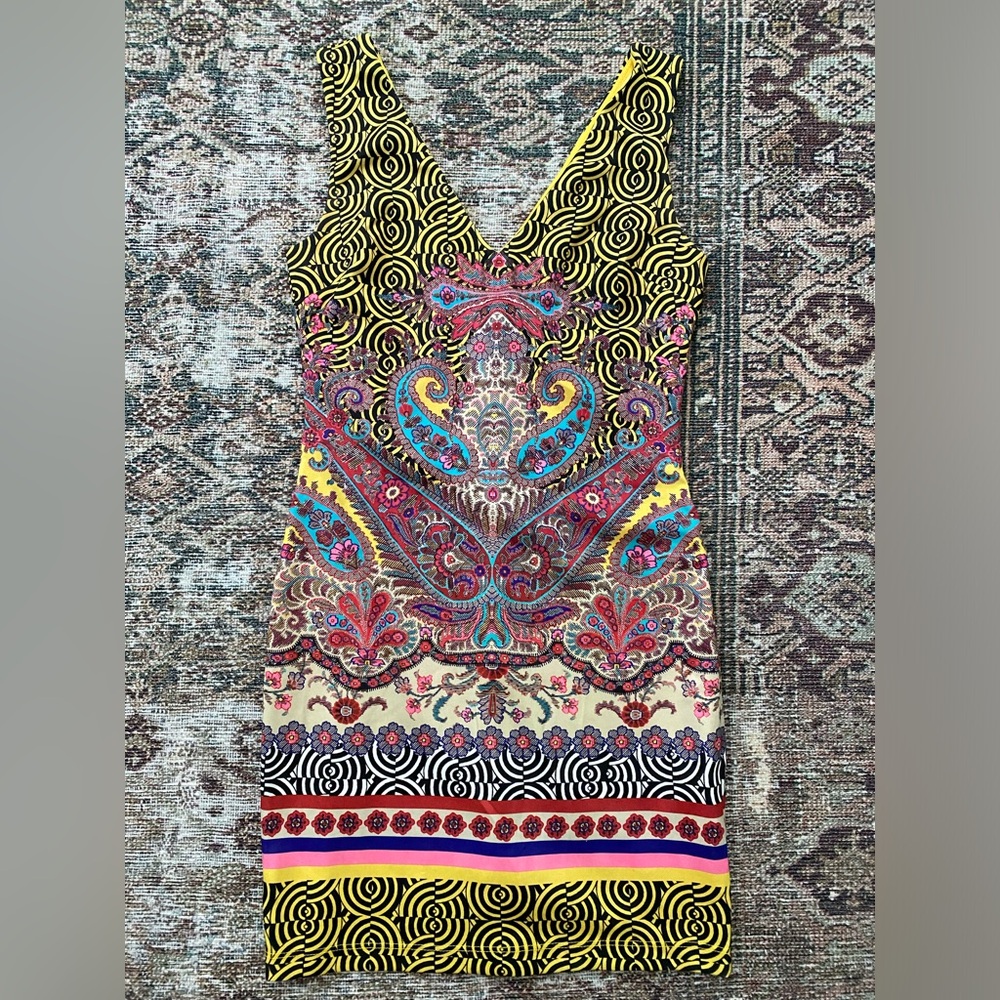 Bebe Funky Boho Art-to-Wear Gypsy Paisley Fantasy Sheath Mini Dress